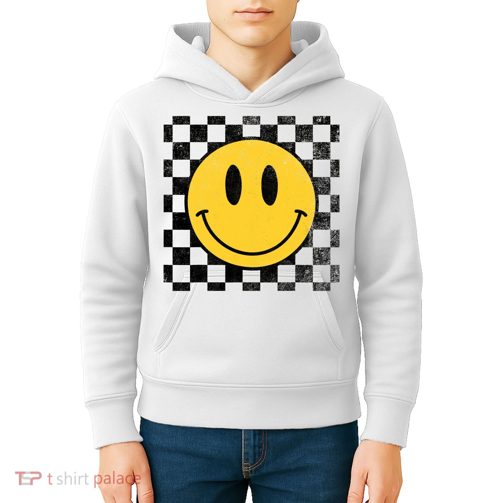Retro Happy Face 70s Distressed Checkered Pattern Smile Face Kids Hoodie