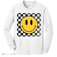 Retro Happy Face 70s Distressed Checkered Pattern Smile Face Kids Long Sleeve Shirt thumb 0