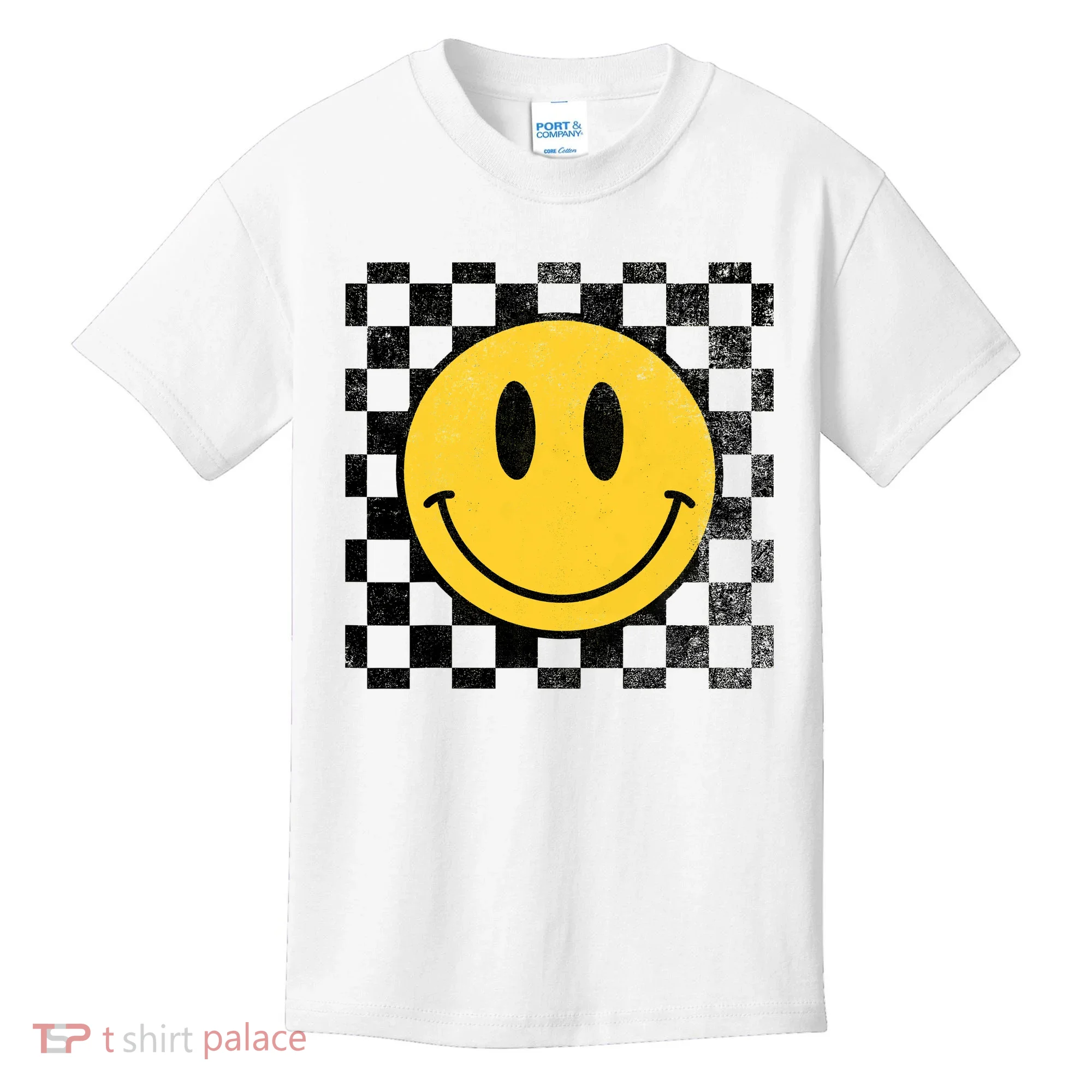 Retro Happy Face 70s Distressed Checkered Pattern Smile Face Kids T-Shirt