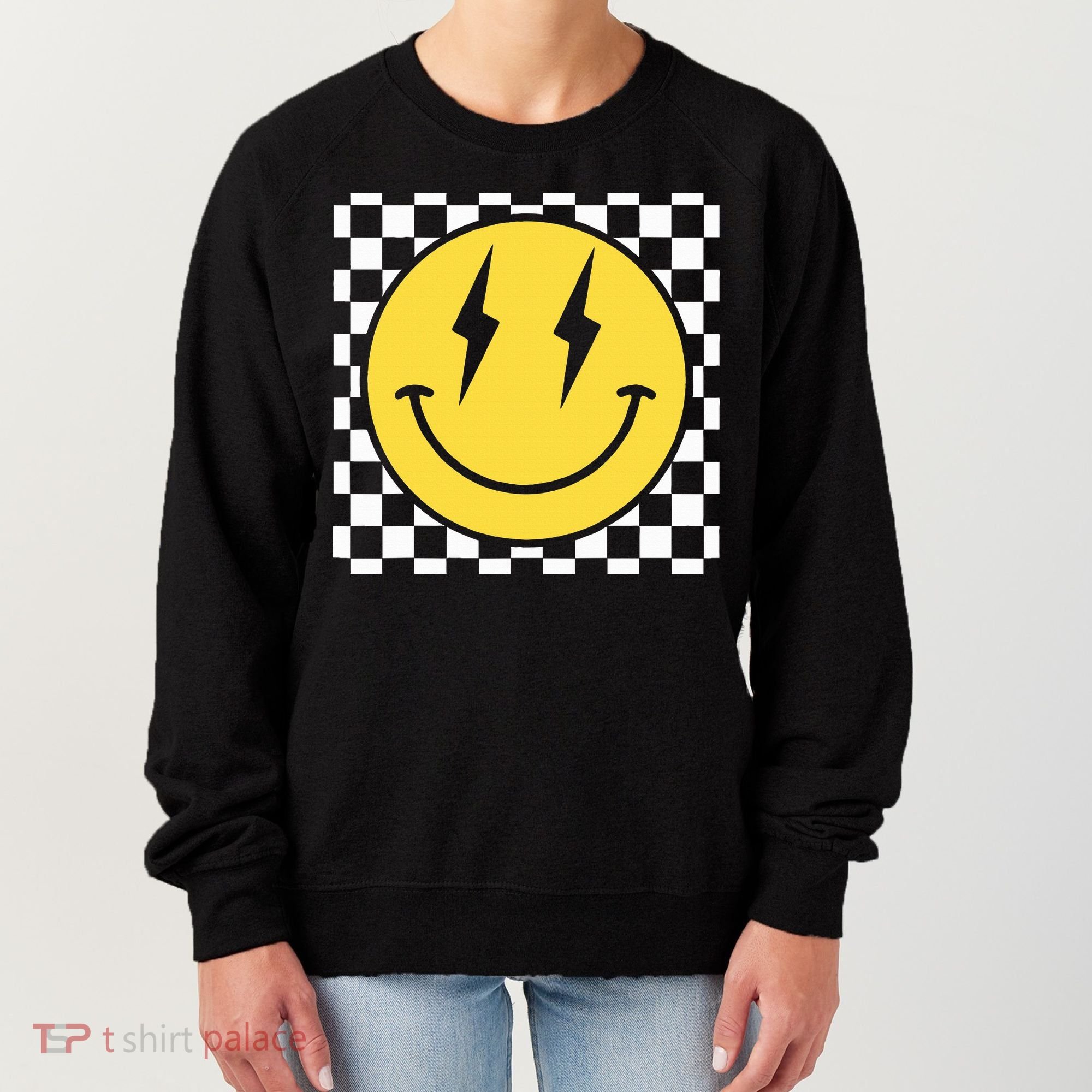 Retro Happy Face Distressed Checkered Pattern Smile Face Women's Sweatshirt