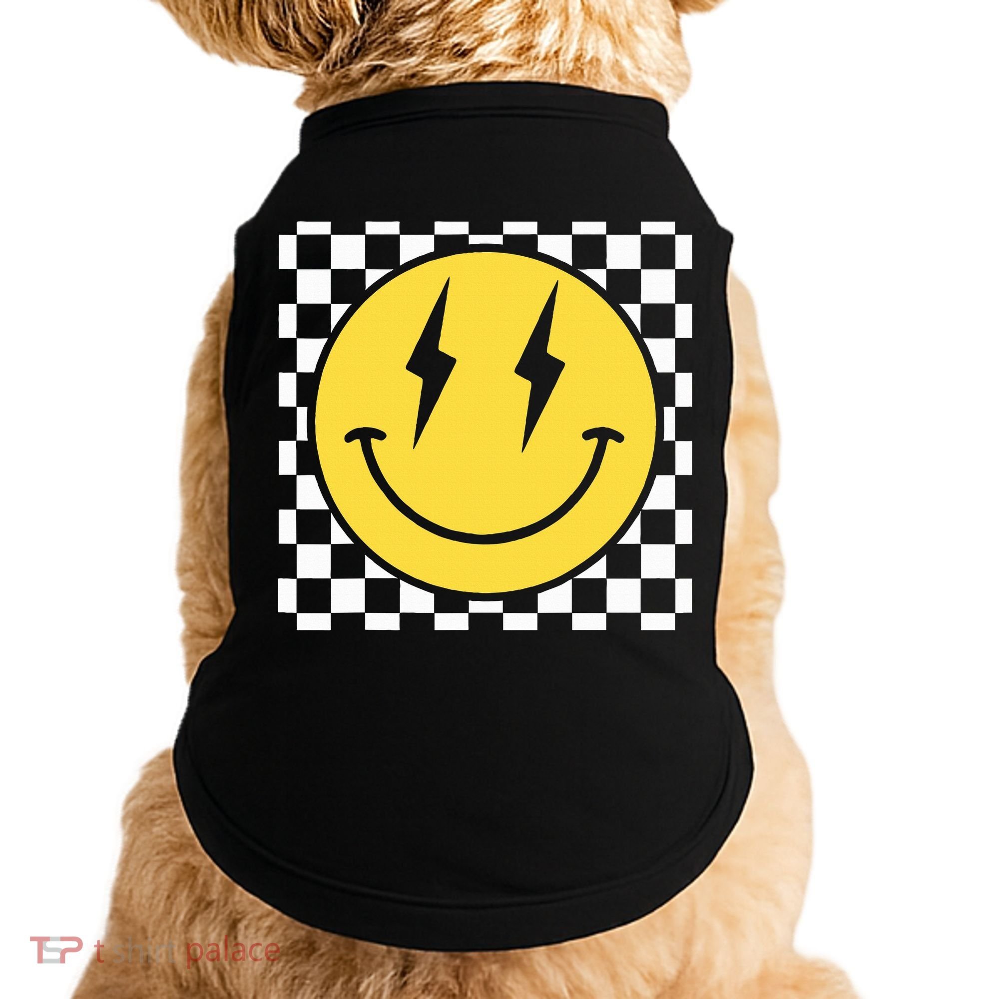 Retro Happy Face Distressed Checkered Pattern Smile Face Doggie Tank