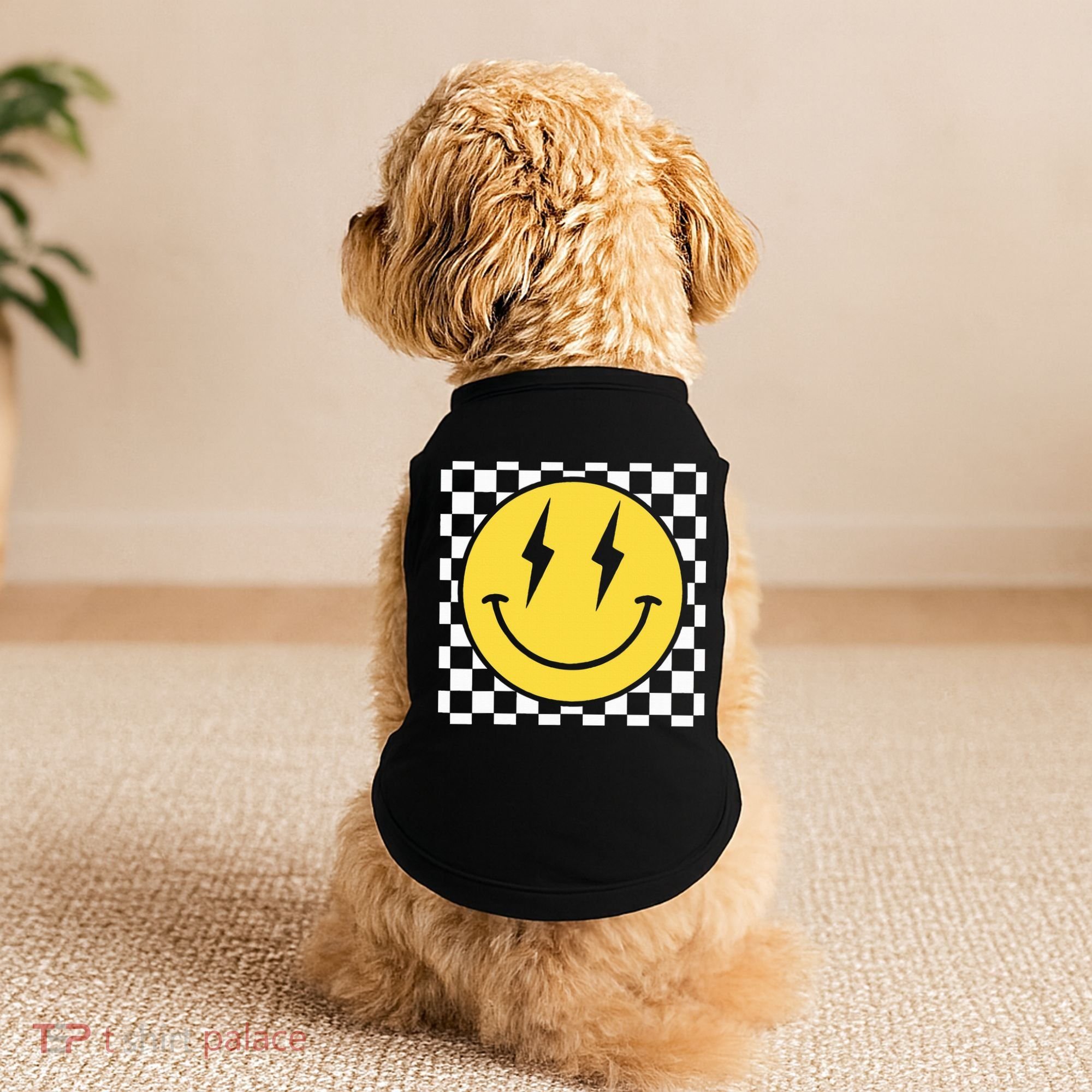 Retro Happy Face Distressed Checkered Pattern Smile Face Doggie Tank