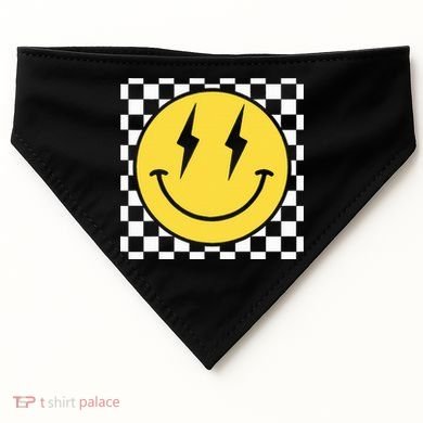 Retro Happy Face Distressed Checkered Pattern Smile Face USA-Made Doggie Bandana