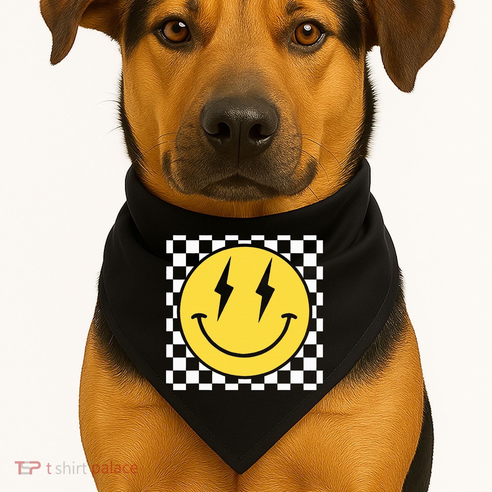 Retro Happy Face Distressed Checkered Pattern Smile Face USA-Made Doggie Bandana
