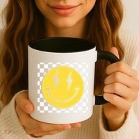 Retro Happy Face Distressed Checkered Pattern Smile Face Coffee Mug thumb 3