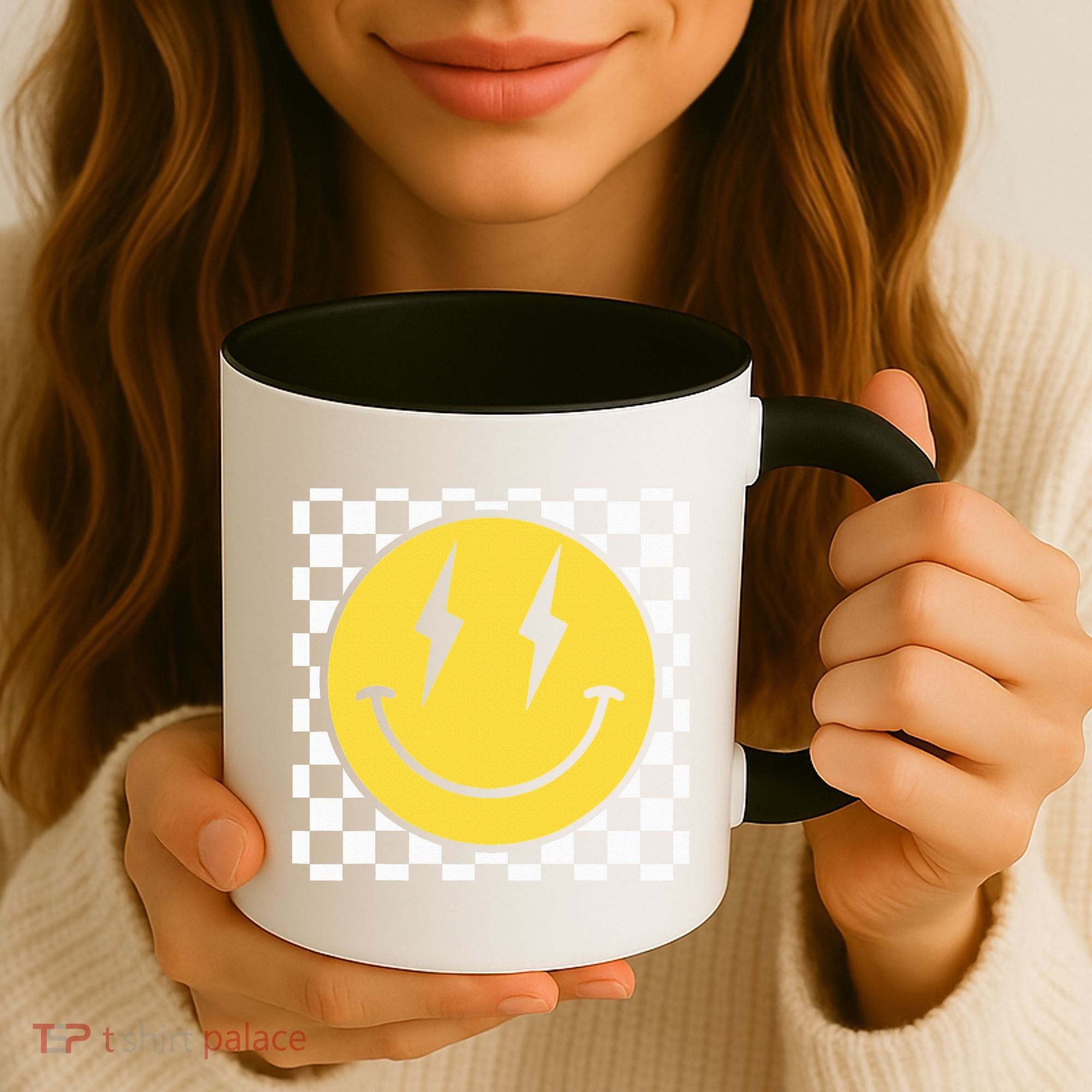 Retro Happy Face Distressed Checkered Pattern Smile Face Coffee Mug