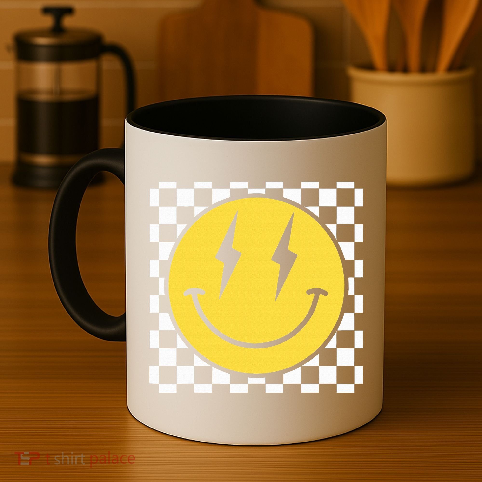 Retro Happy Face Distressed Checkered Pattern Smile Face Coffee Mug