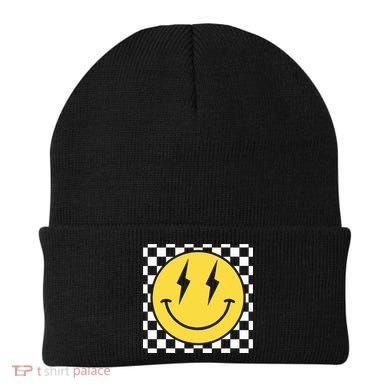Retro Happy Face Distressed Checkered Pattern Smile Face Beanie