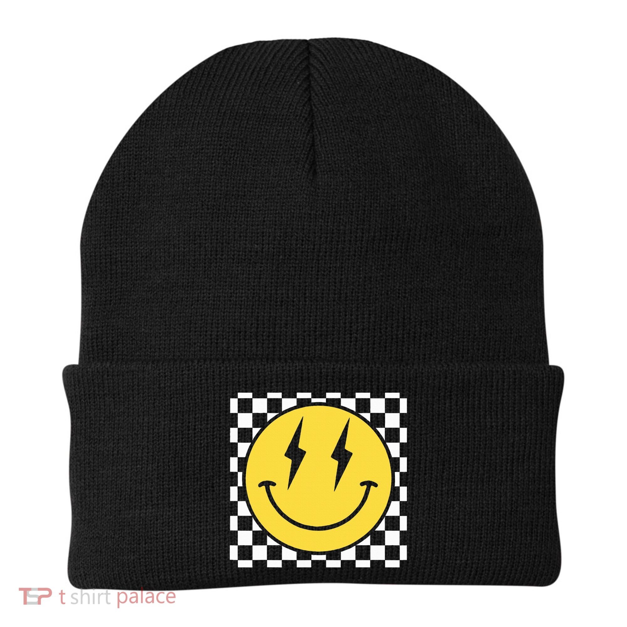Retro Happy Face Distressed Checkered Pattern Smile Face Beanie