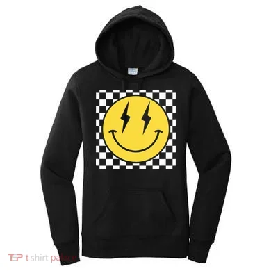 Retro Happy Face Distressed Checkered Pattern Smile Face Women's Hoodie