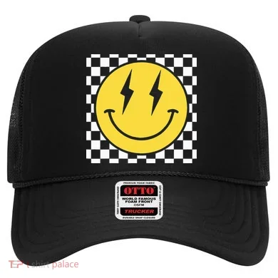 Retro Happy Face Distressed Checkered Pattern Smile Face Hat