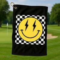 Retro Happy Face Distressed Checkered Pattern Smile Face Golf Towel thumb 1