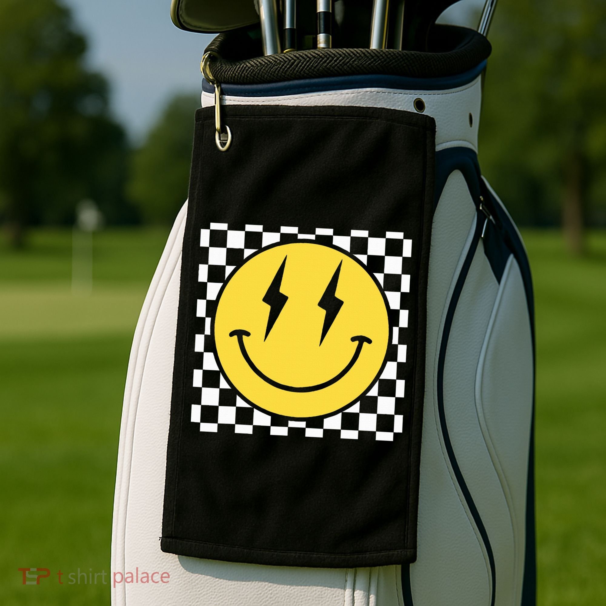Retro Happy Face Distressed Checkered Pattern Smile Face Golf Towel