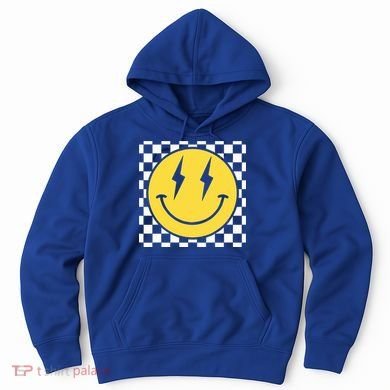 Retro Happy Face Distressed Checkered Pattern Smile Face Hoodie