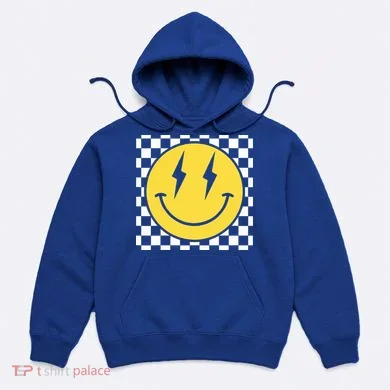Retro Happy Face Distressed Checkered Pattern Smile Face Hoodie