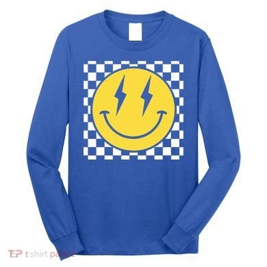 Retro Happy Face Distressed Checkered Pattern Smile Face Long Sleeve Shirt