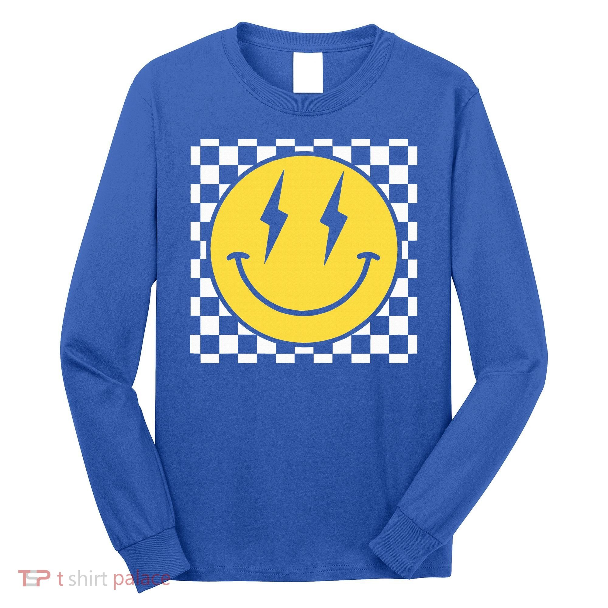 Retro Happy Face Distressed Checkered Pattern Smile Face Long Sleeve Shirt