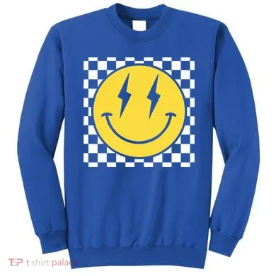 Retro Happy Face Distressed Checkered Pattern Smile Face Sweatshirt