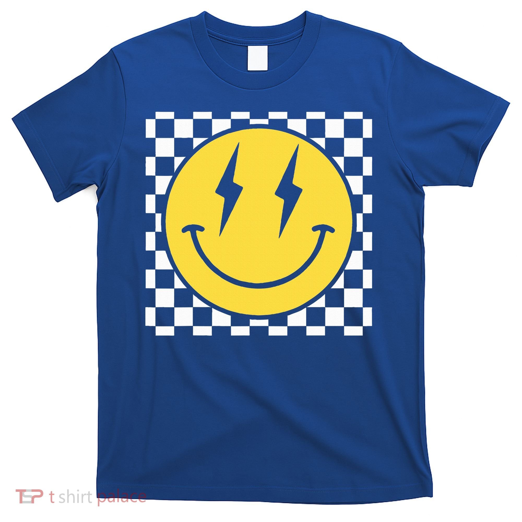 Retro Happy Face Distressed Checkered Pattern Smile Face T-Shirt