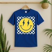 Retro Happy Face Distressed Checkered Pattern Smile Face T-Shirt thumb 2