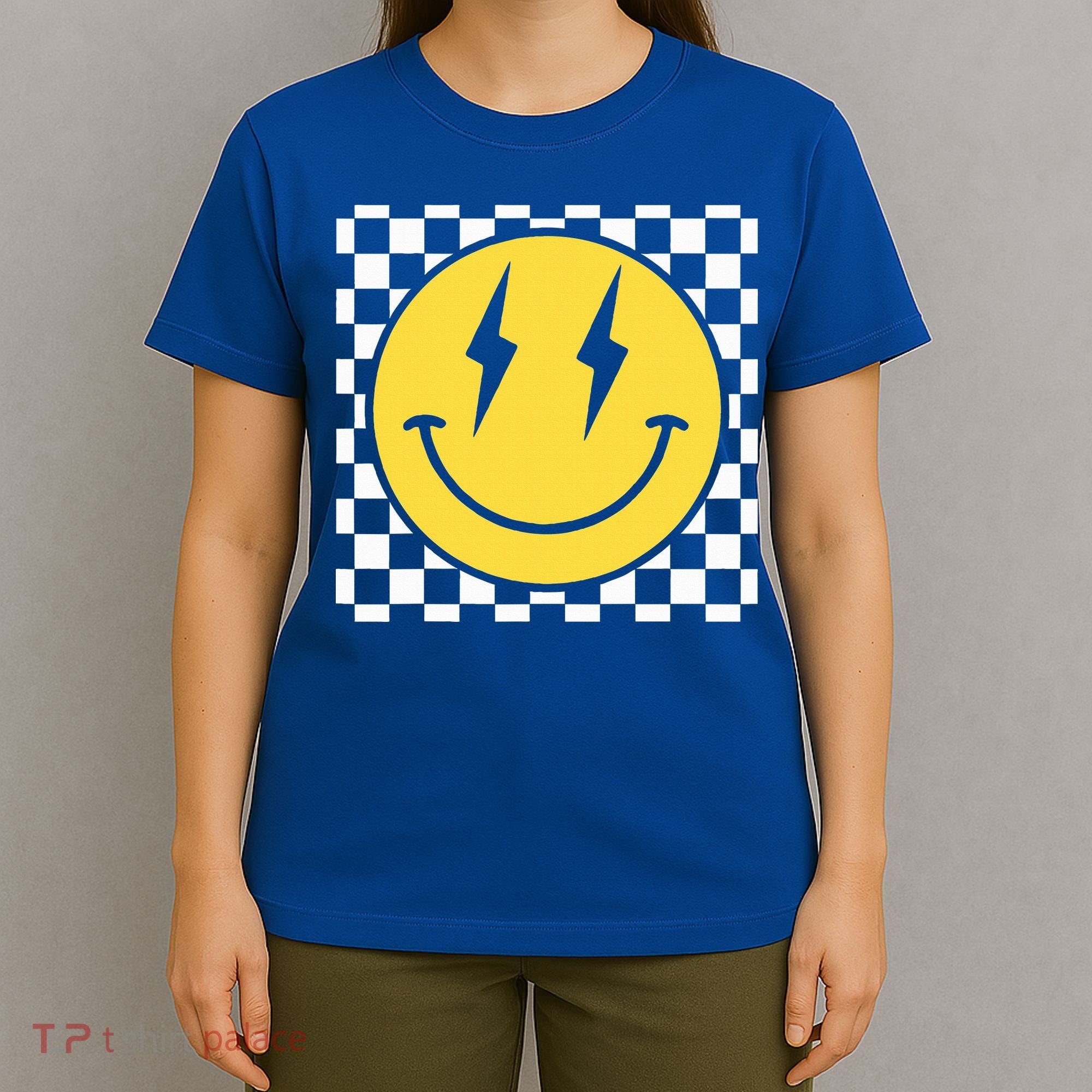 Retro Happy Face Distressed Checkered Pattern Smile Face T-Shirt