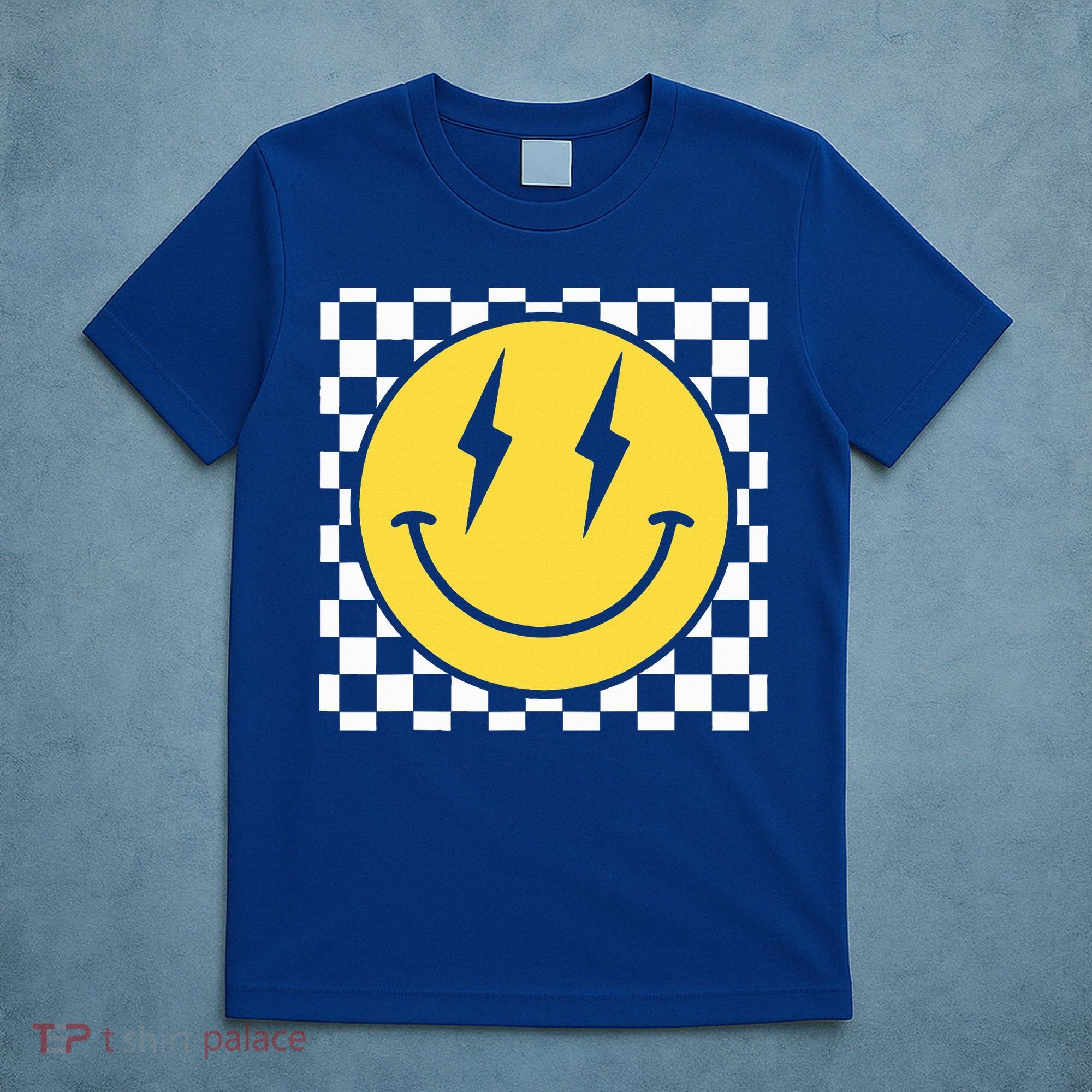 Retro Happy Face Distressed Checkered Pattern Smile Face T-Shirt