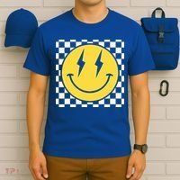 Retro Happy Face Distressed Checkered Pattern Smile Face T-Shirt thumb 6