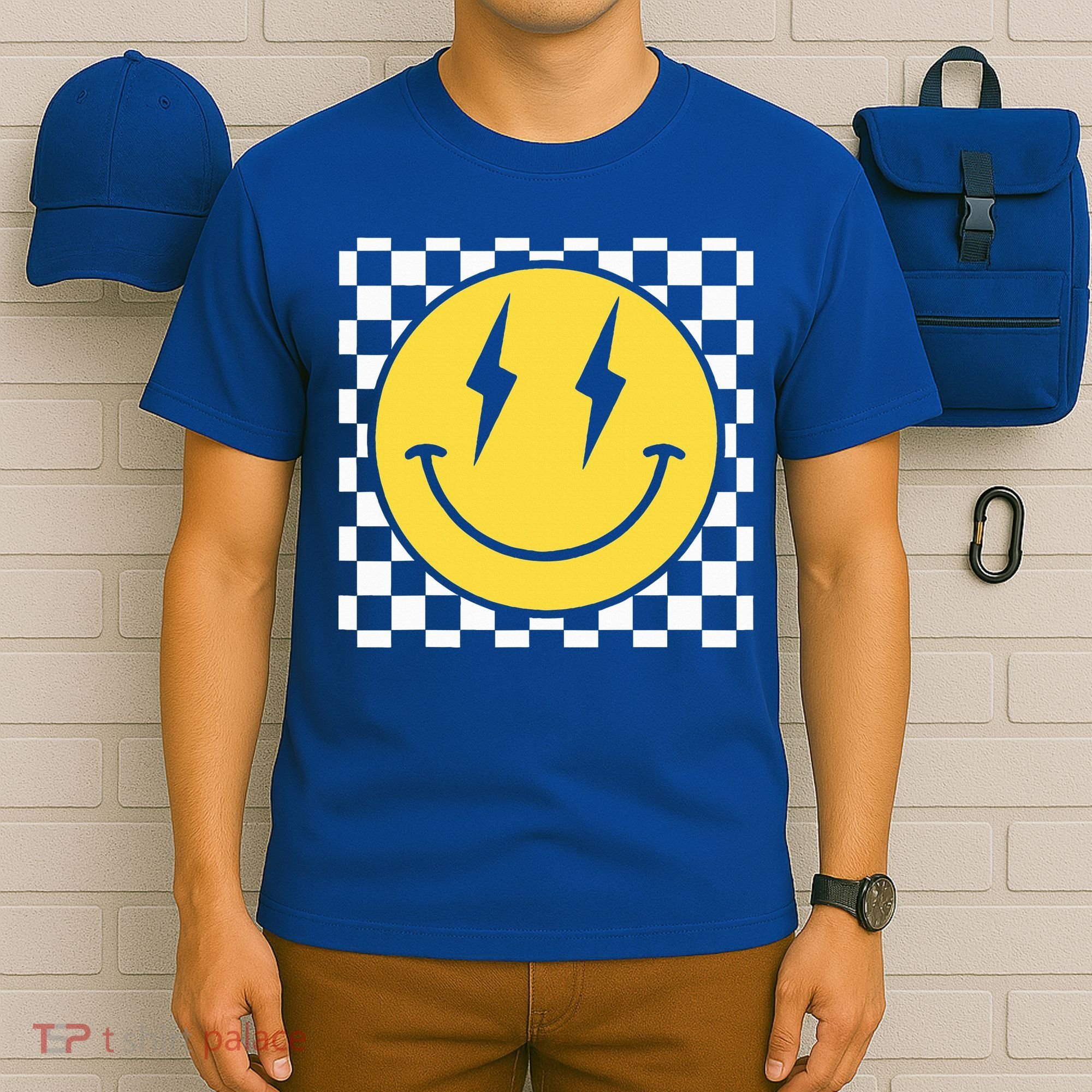 Retro Happy Face Distressed Checkered Pattern Smile Face T-Shirt