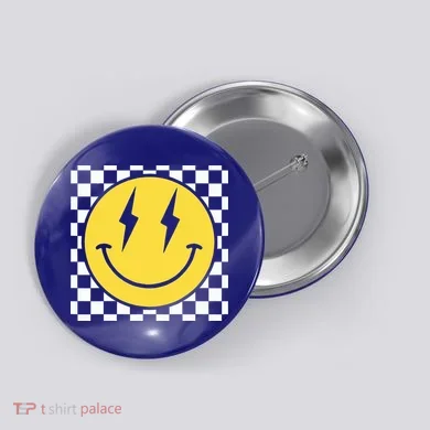 Retro Happy Face Distressed Checkered Pattern Smile Face Button