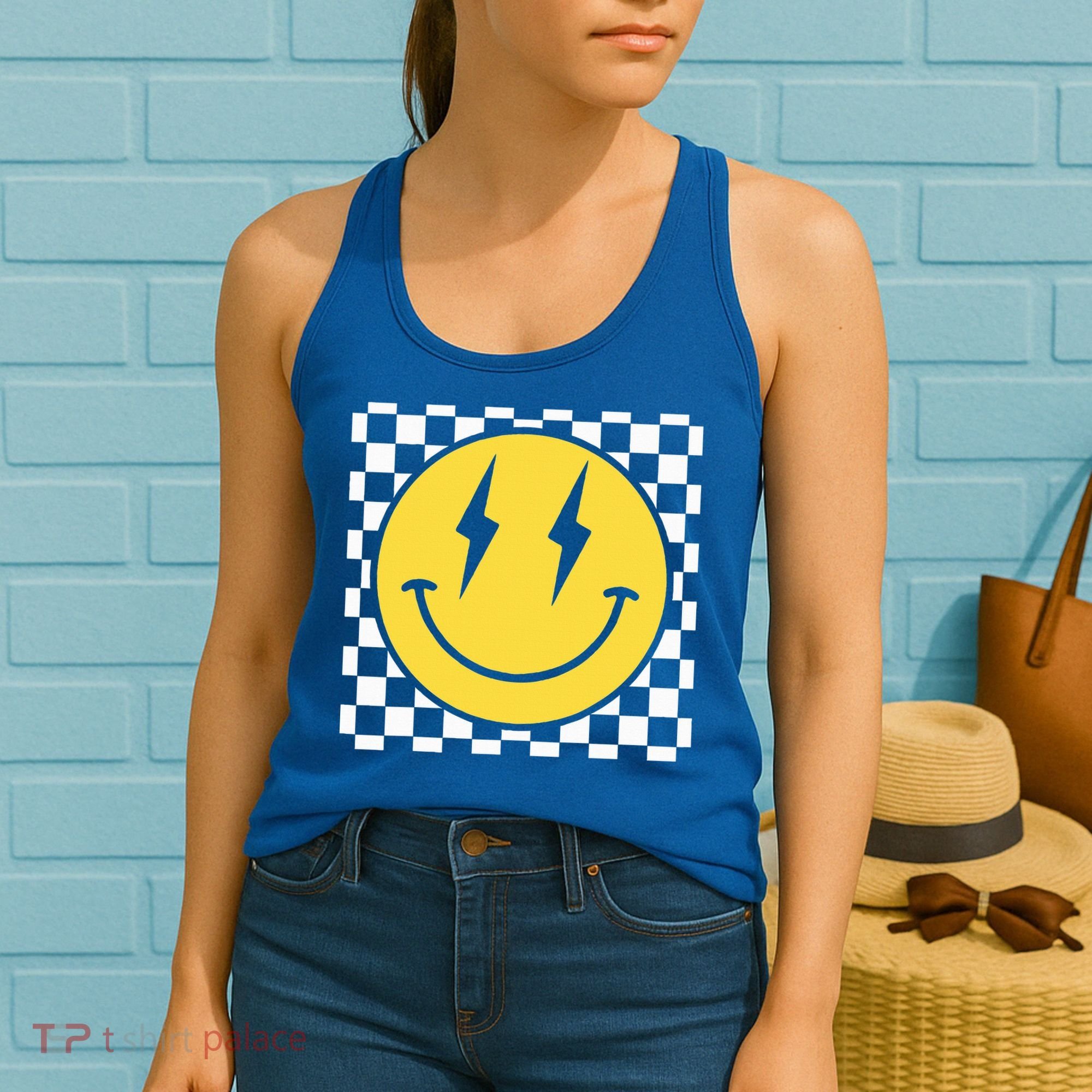 Retro Happy Face Distressed Checkered Pattern Smile Face Women's Tank Top
