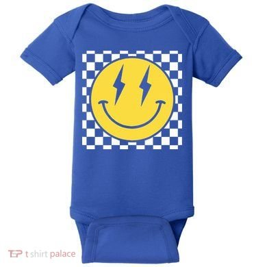 Retro Happy Face Distressed Checkered Pattern Smile Face Baby Bodysuit