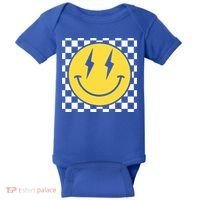 Retro Happy Face Distressed Checkered Pattern Smile Face Baby Bodysuit thumb 0