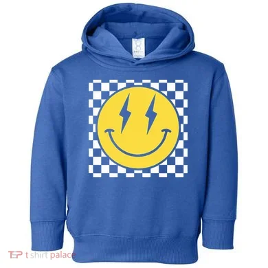 Retro Happy Face Distressed Checkered Pattern Smile Face Toddler Hoodie