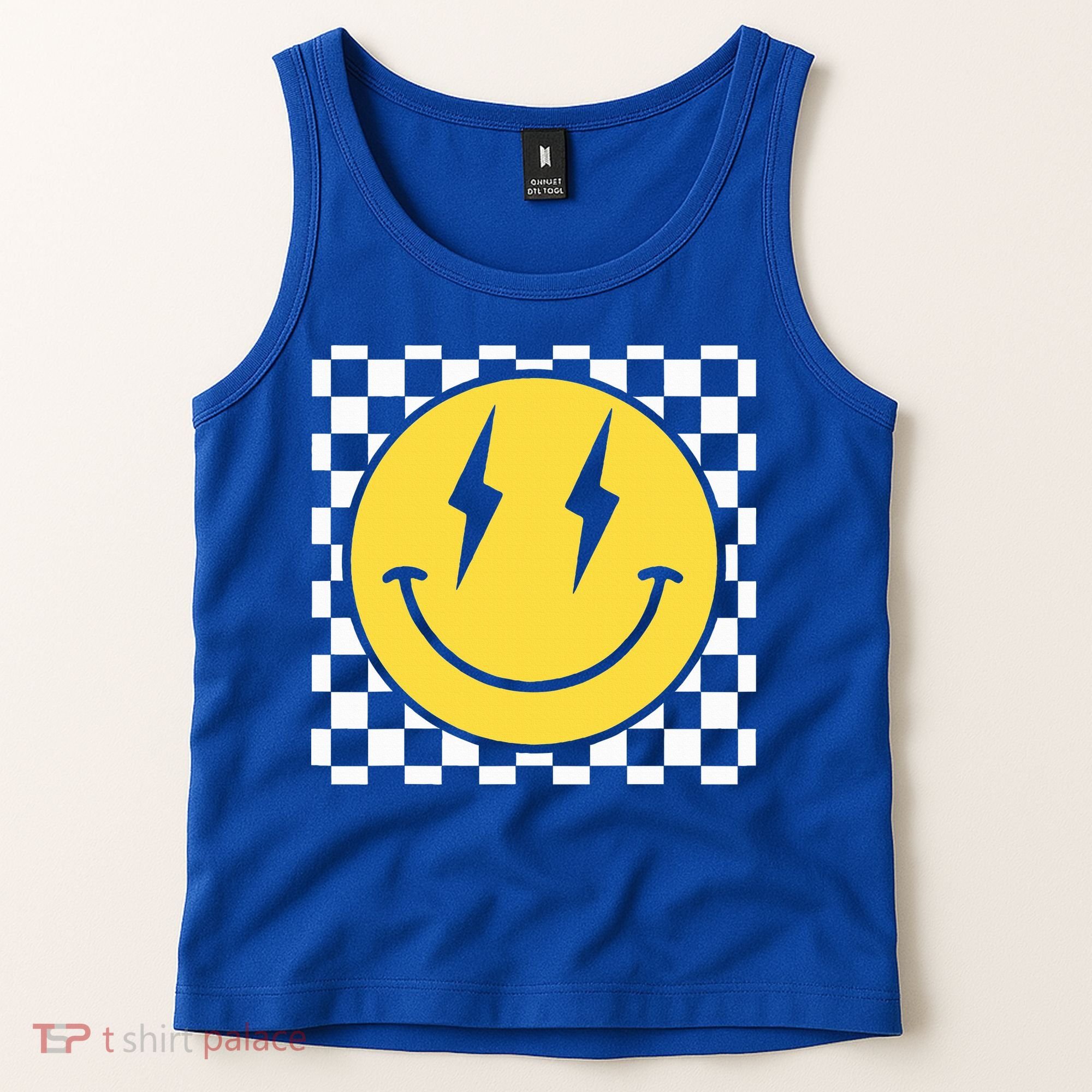 Retro Happy Face Distressed Checkered Pattern Smile Face Tank Top