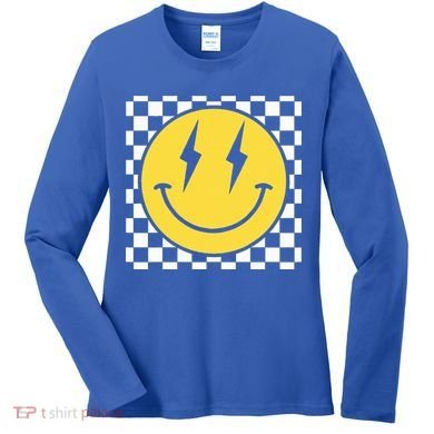 Retro Happy Face Distressed Checkered Pattern Smile Face Women's Long Sleeve Shirt