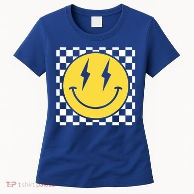 Retro Happy Face Distressed Checkered Pattern Smile Face Women's T-Shirt