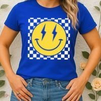 Retro Happy Face Distressed Checkered Pattern Smile Face Women's T-Shirt thumb 2