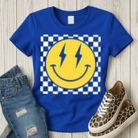 Retro Happy Face Distressed Checkered Pattern Smile Face Women's T-Shirt thumb 3
