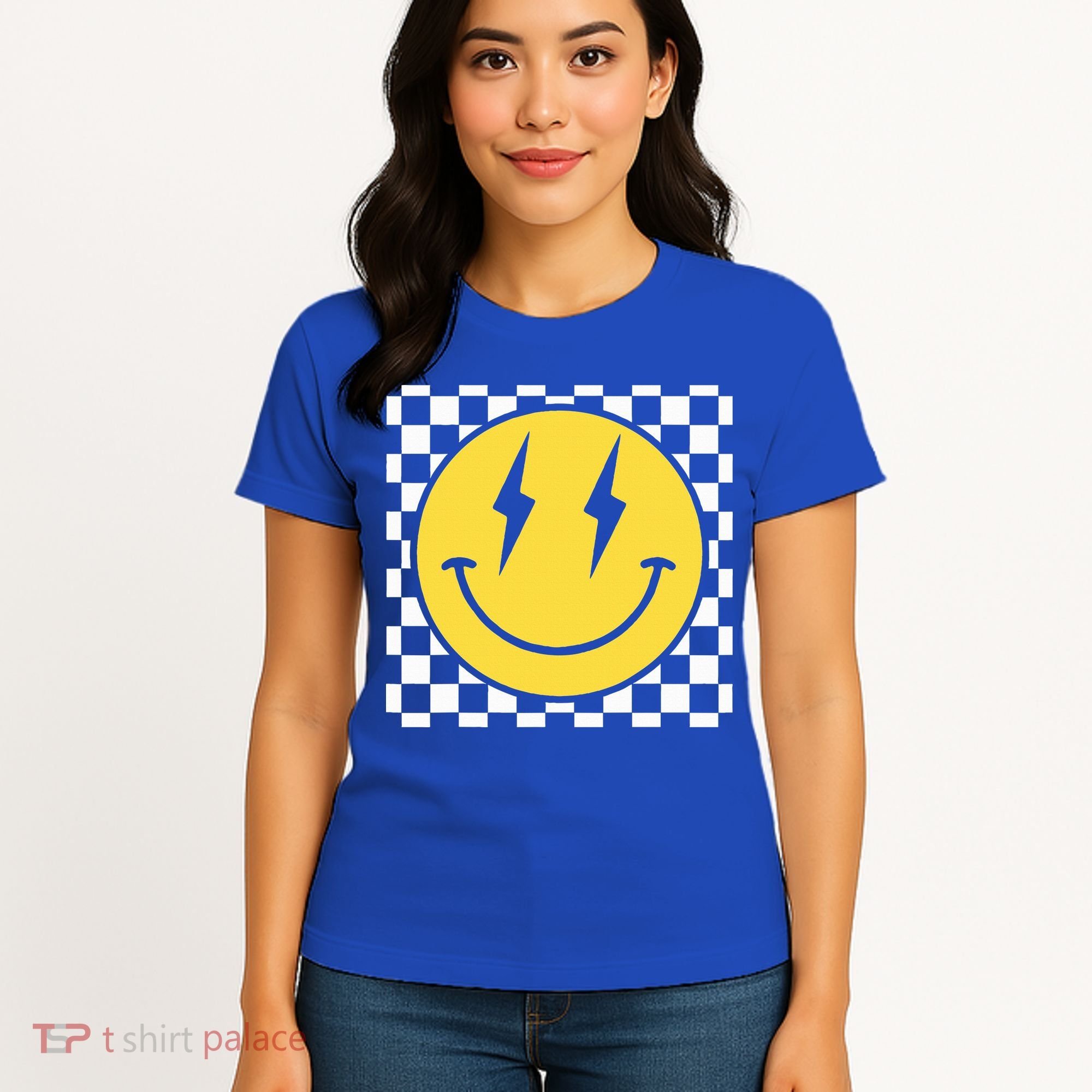 Retro Happy Face Distressed Checkered Pattern Smile Face Women's T-Shirt