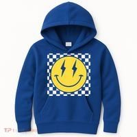 Retro Happy Face Distressed Checkered Pattern Smile Face Kids Hoodie thumb 0