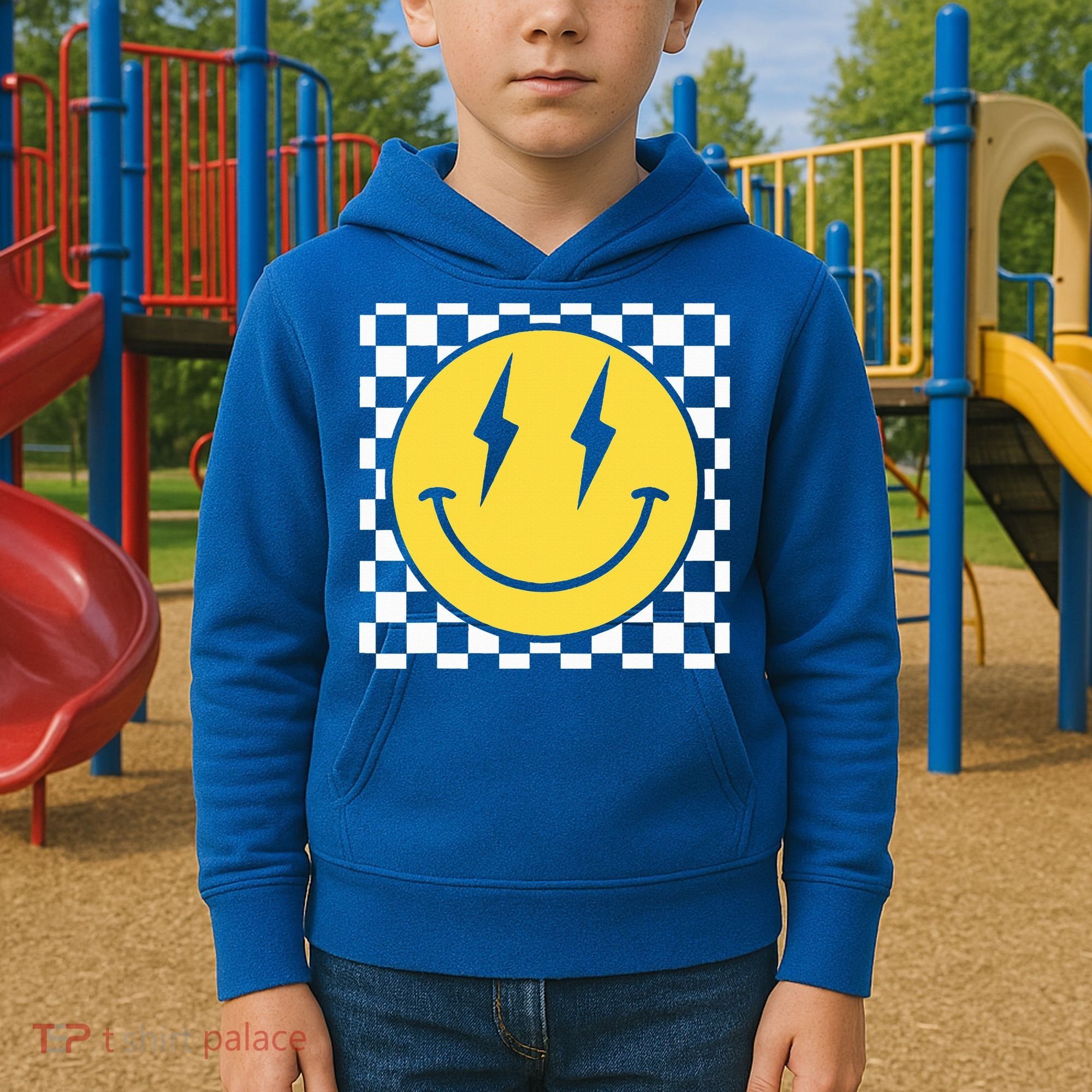 Retro Happy Face Distressed Checkered Pattern Smile Face Kids Hoodie