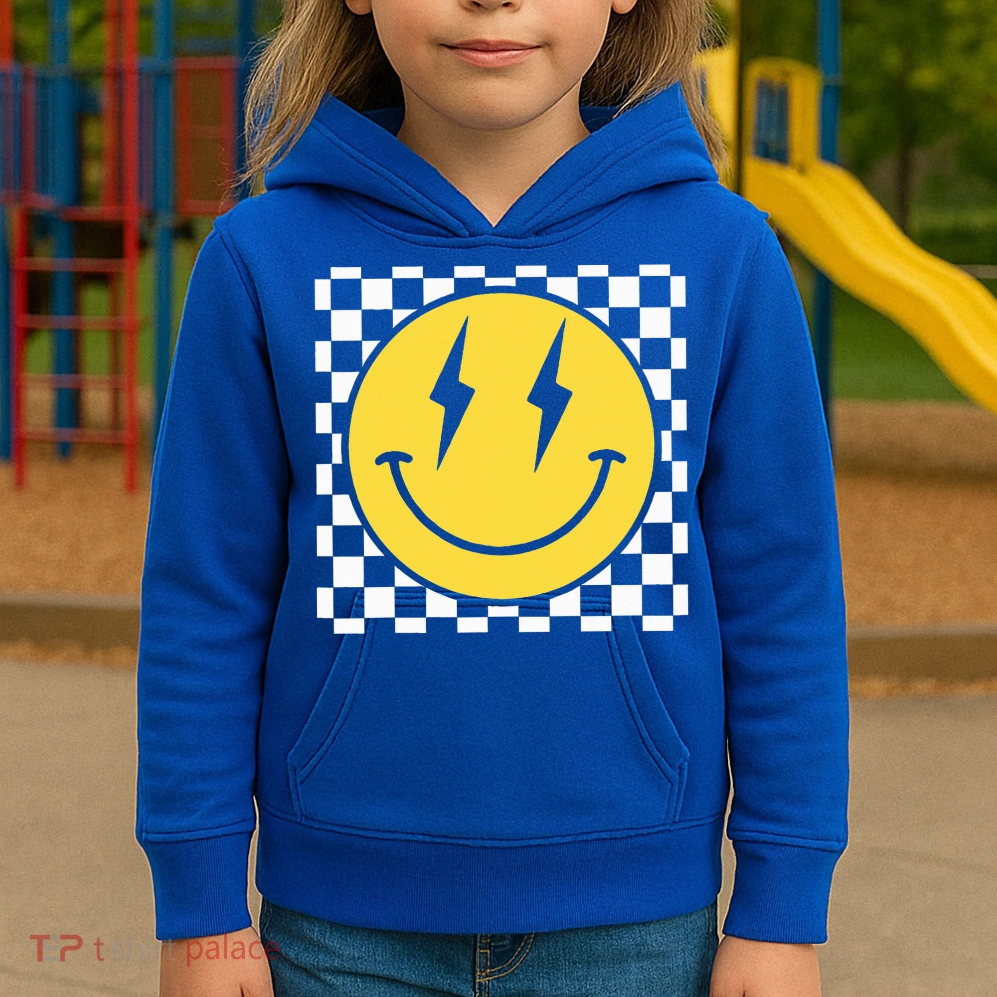 Retro Happy Face Distressed Checkered Pattern Smile Face Kids Hoodie