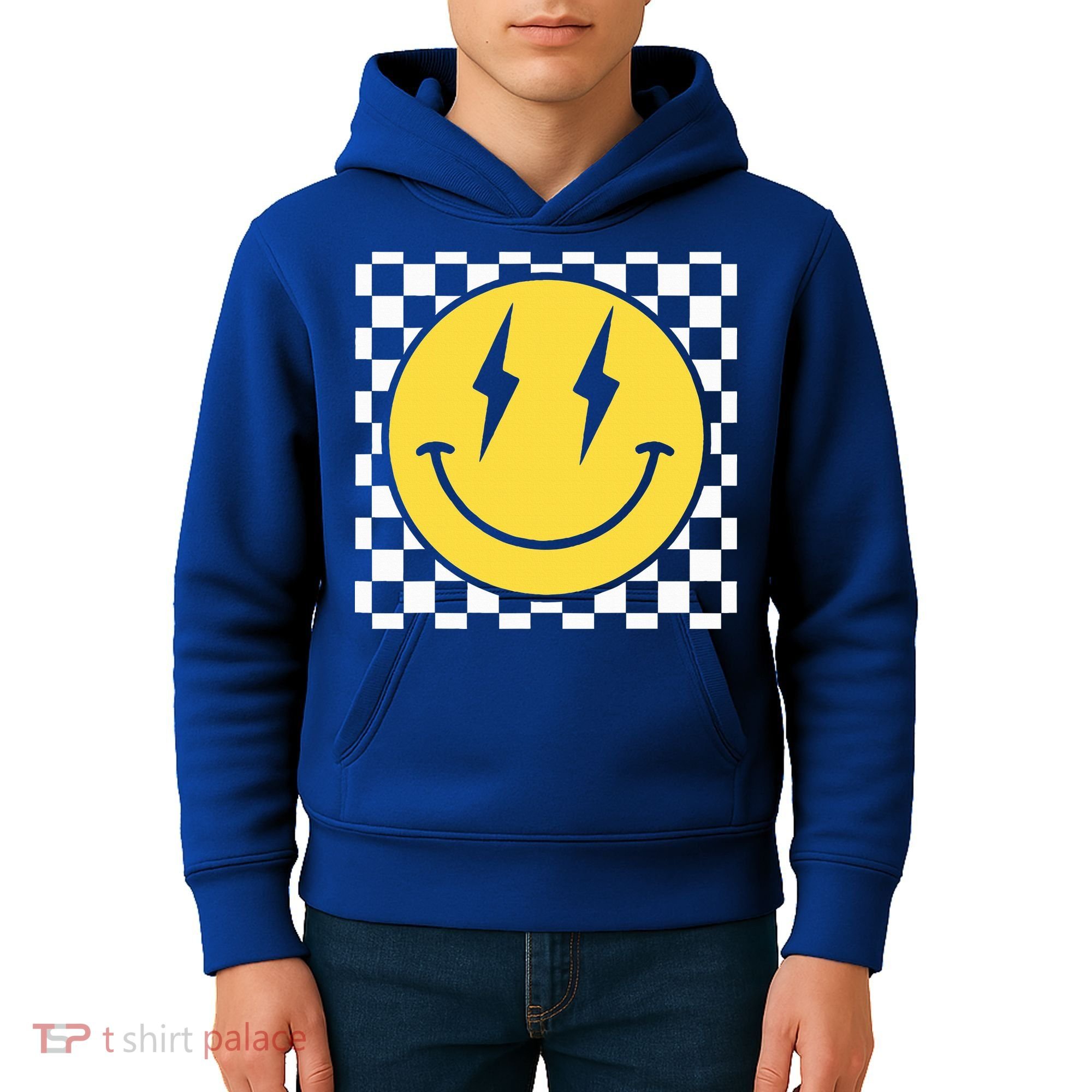 Retro Happy Face Distressed Checkered Pattern Smile Face Kids Hoodie