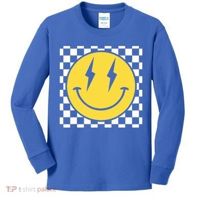 Retro Happy Face Distressed Checkered Pattern Smile Face Kids Long Sleeve Shirt