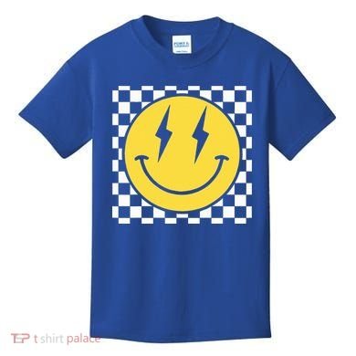 Retro Happy Face Distressed Checkered Pattern Smile Face Kids T-Shirt