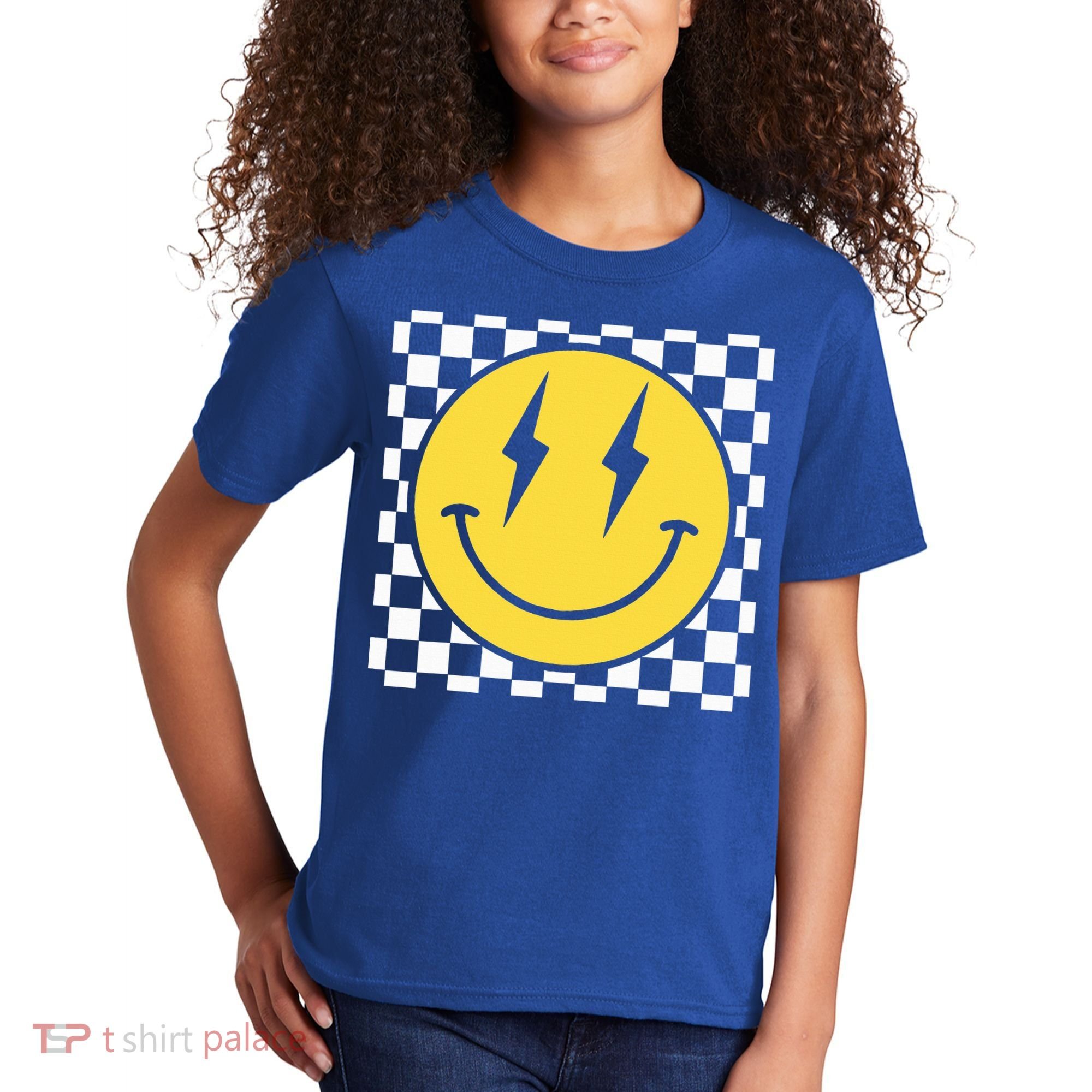 Retro Happy Face Distressed Checkered Pattern Smile Face Kids T-Shirt