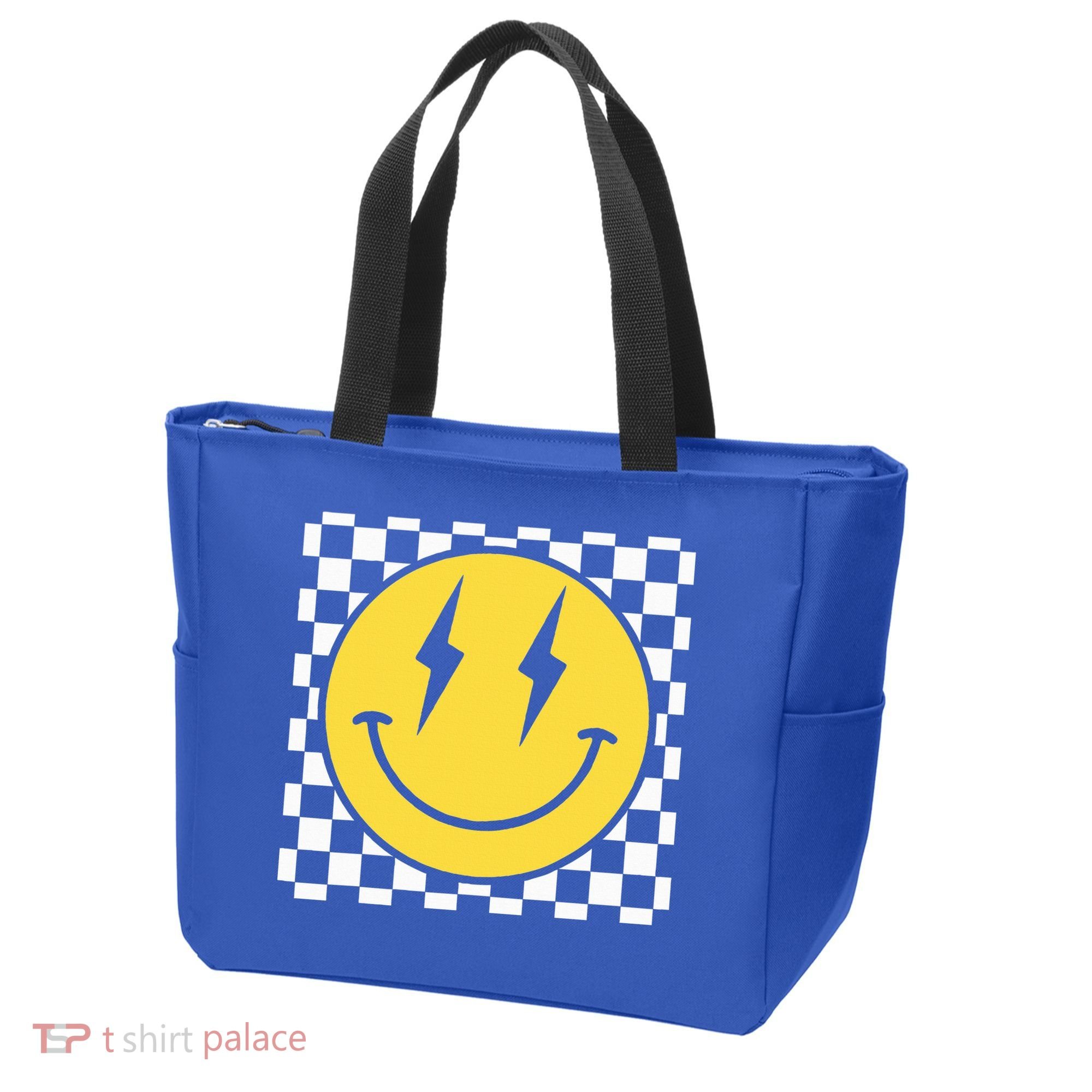 Retro Happy Face Distressed Checkered Pattern Smile Face Tote Bag