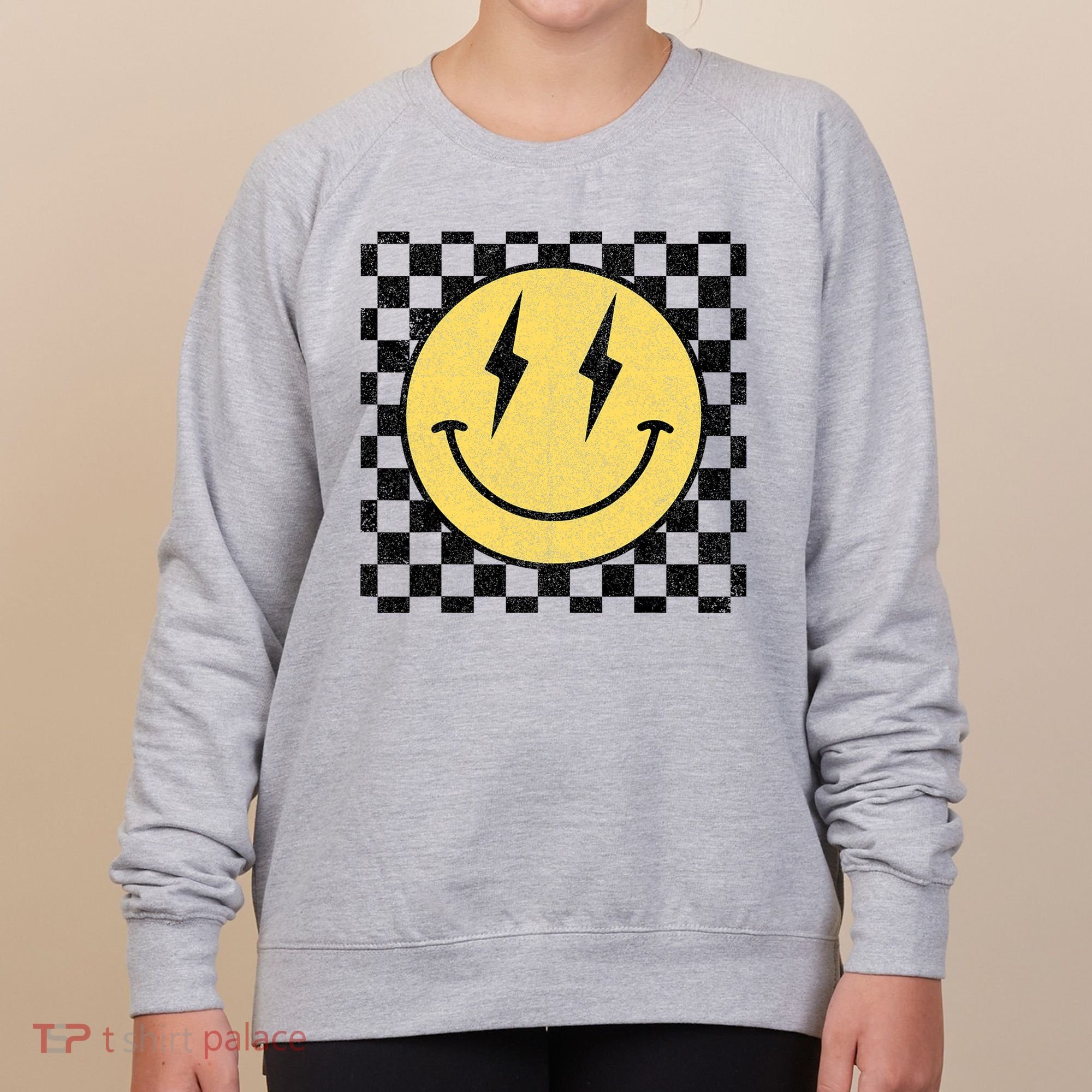 Retro Happy Face Checkered Pattern Smile Face Women's Sweatshirt