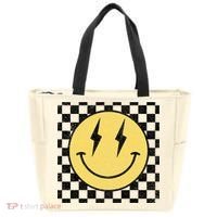 Retro Happy Face Checkered Pattern Smile Face Tote Bag thumb 0