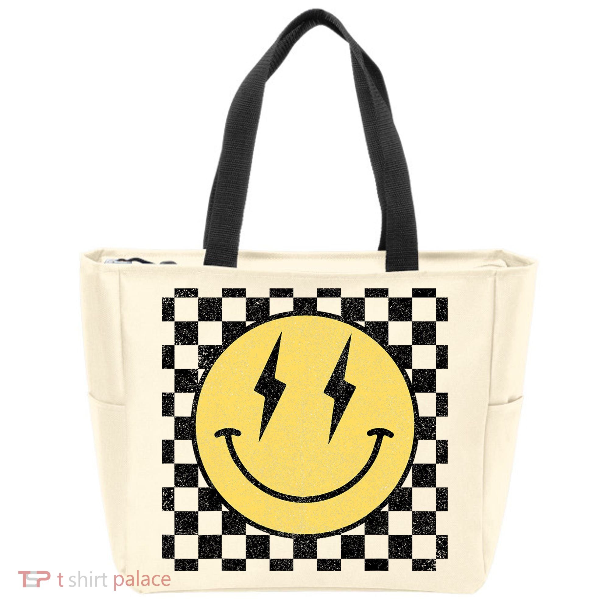 Retro Happy Face Checkered Pattern Smile Face Tote Bag